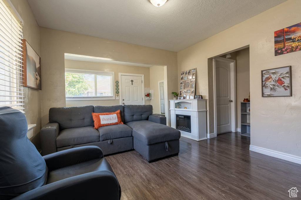 Living area featuring a textured ceiling, baseboards, a glass covered fireplace, and dark wood-style floors