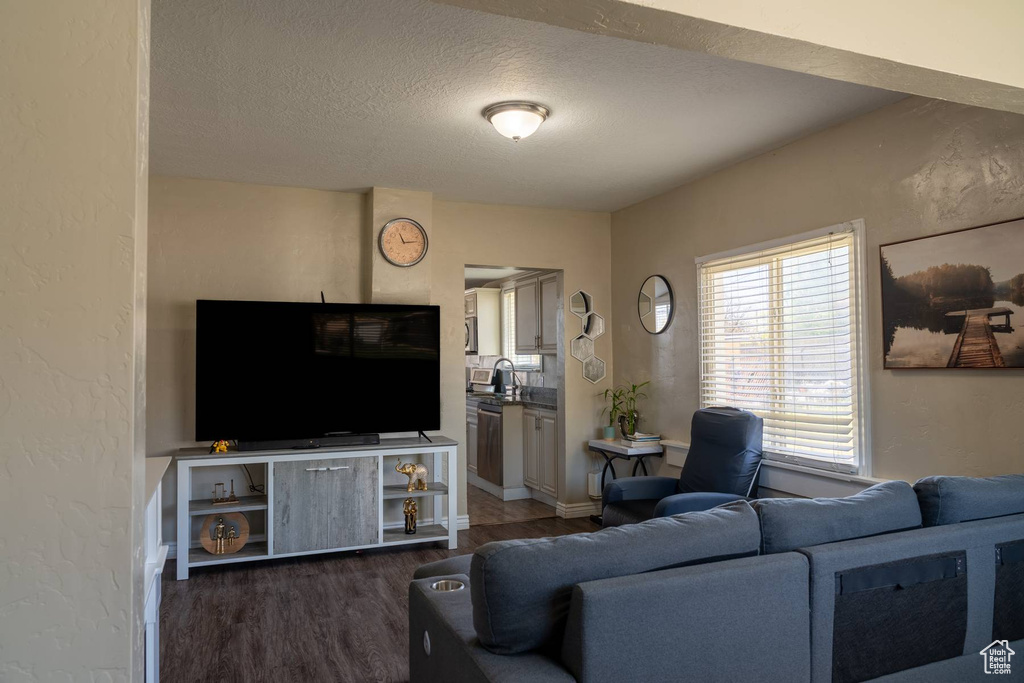 Living area featuring dark wood-style flooring, a textured ceiling, and a textured wall