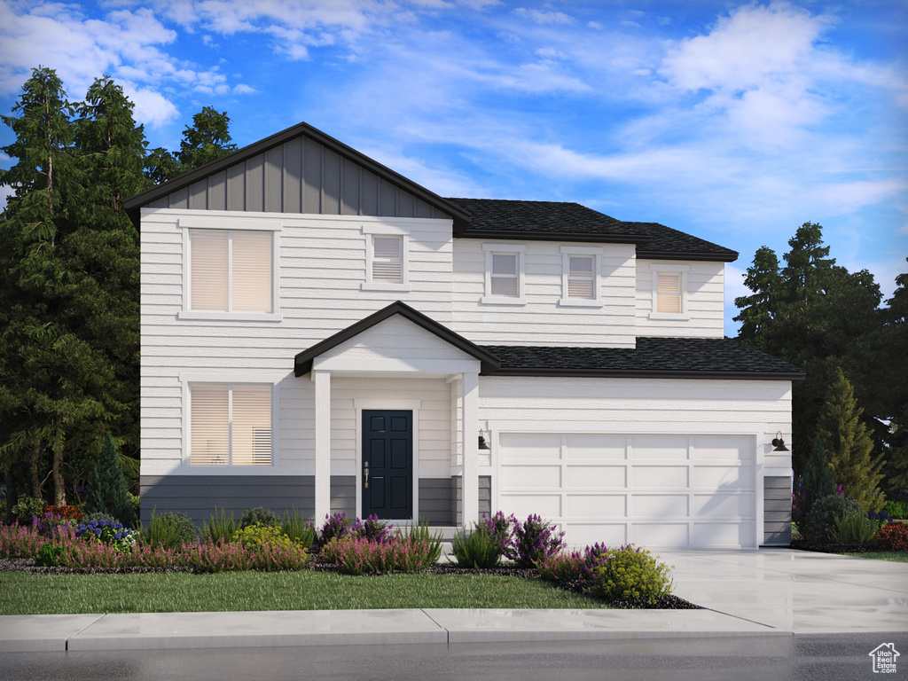 View of front facade featuring an attached garage, driveway, board and batten siding, and a shingled roof