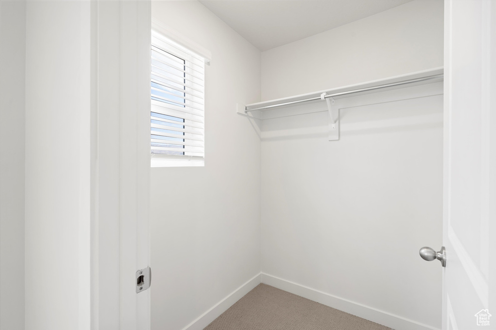 Walk in closet featuring light carpet