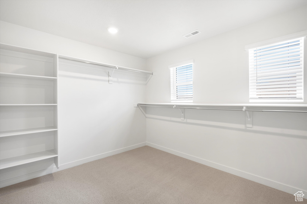 Walk in closet with light colored carpet