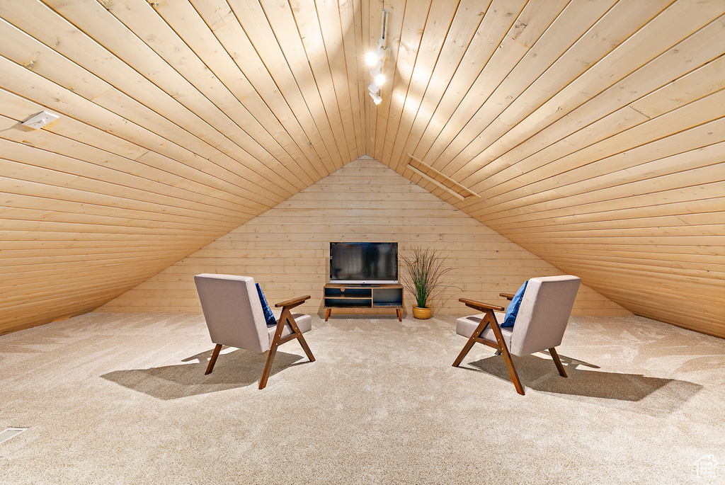 Unfurnished room with lofted ceiling, wood ceiling, wood walls, and carpet floors