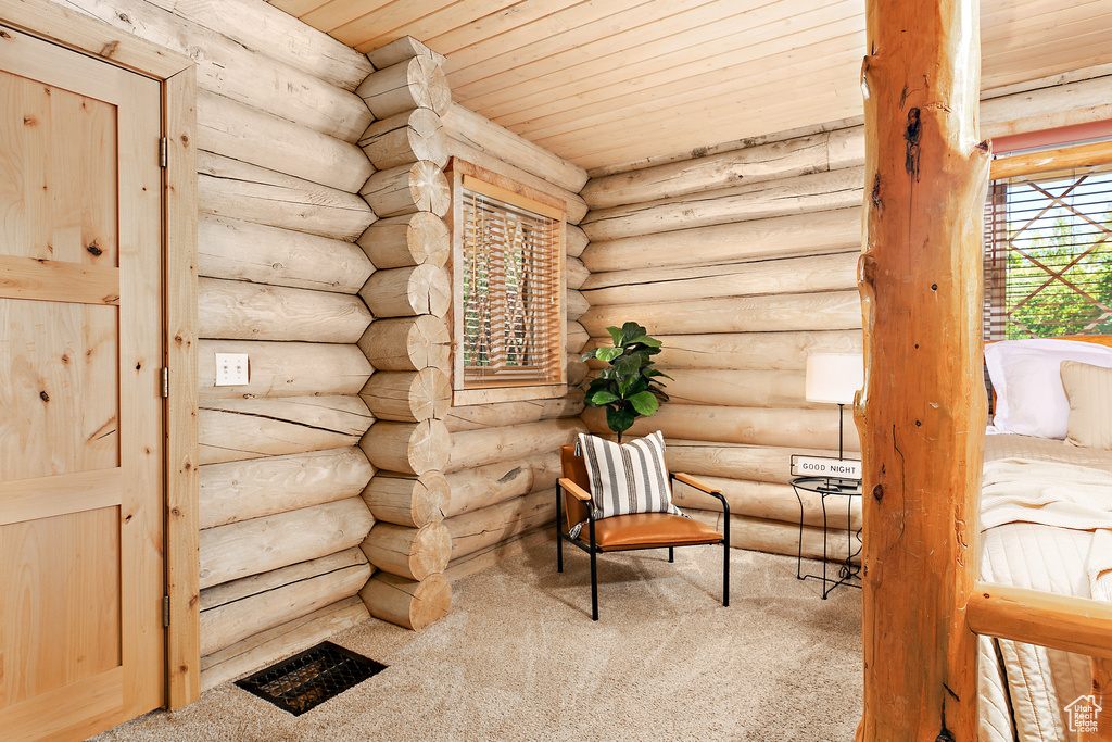 Living area featuring carpet, visible vents, and rustic walls