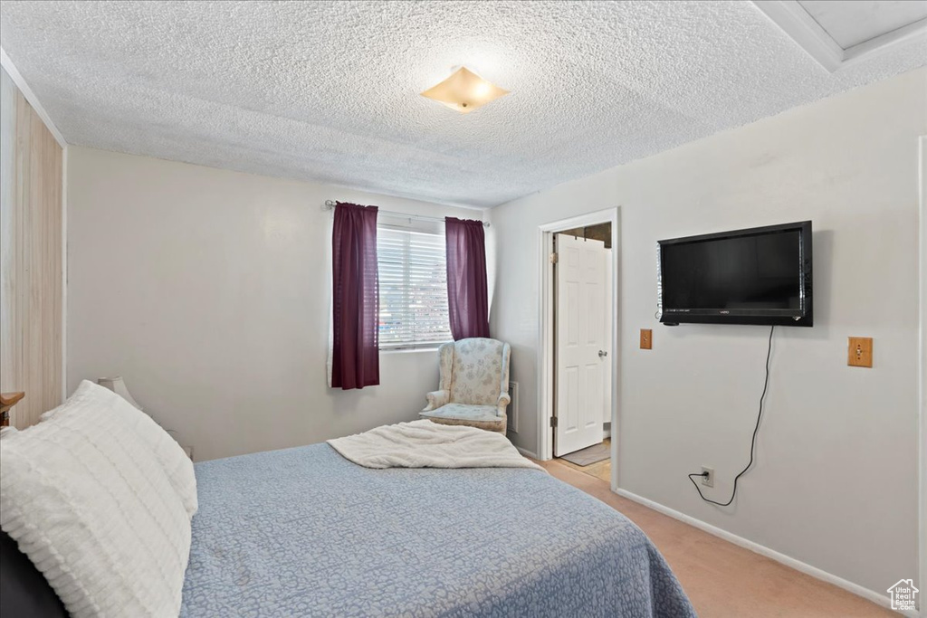 Bedroom featuring a textured ceiling, light colored carpet, and baseboards