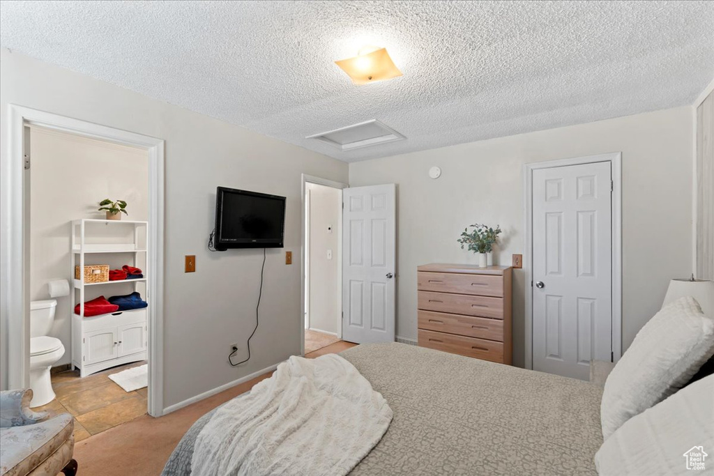 Bedroom with attic access, a textured ceiling, a closet, and a spacious closet