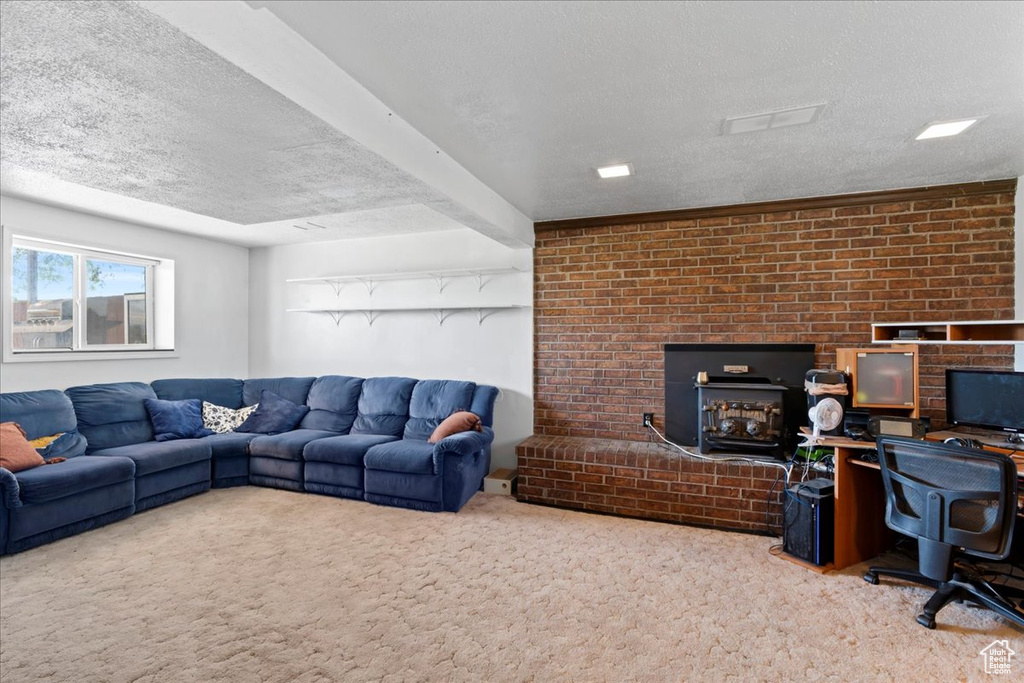 Living area with a textured ceiling, carpet, and a wood stove