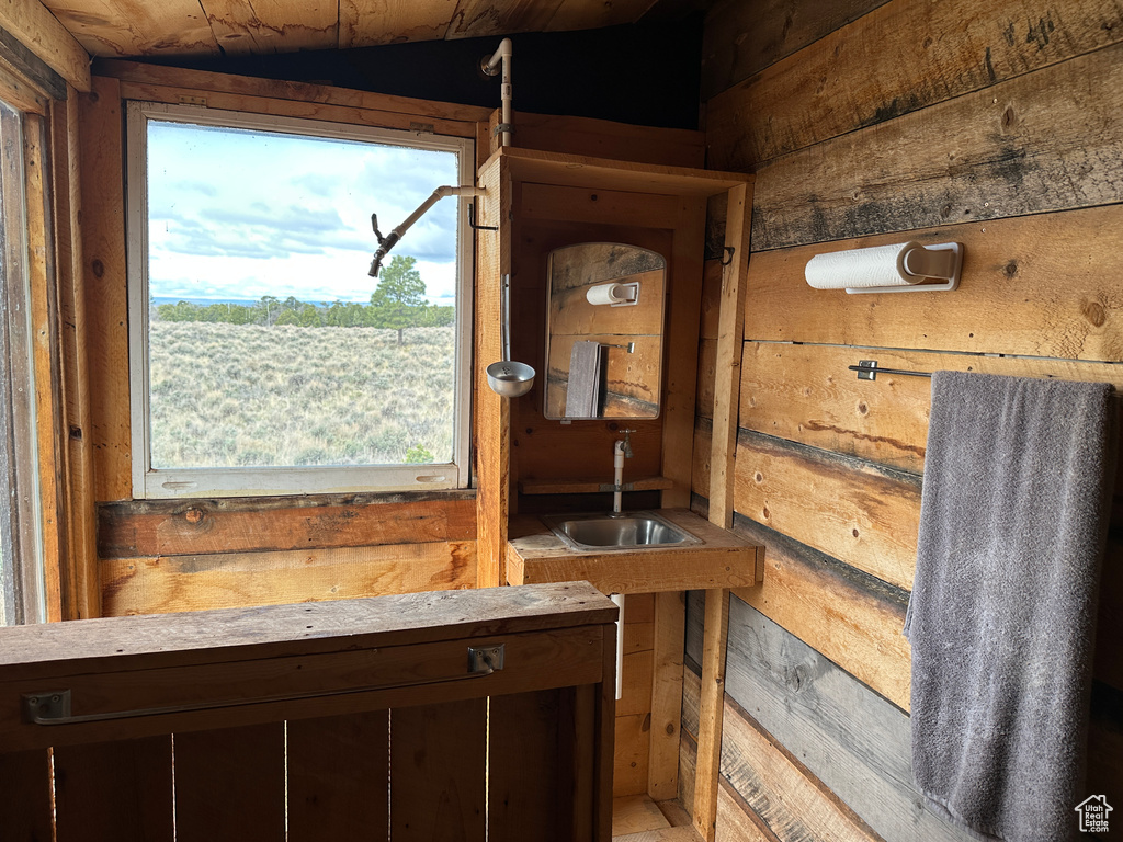 Detailed view of a sink and wood walls