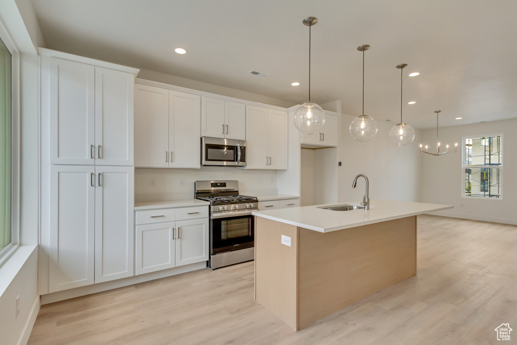 Kitchen featuring stainless steel appliances, a sink, light wood-type flooring, white cabinets, and an island with sink
