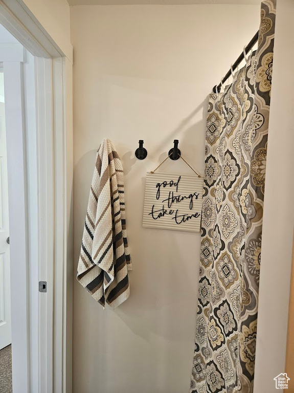 Detailed view of curtained shower