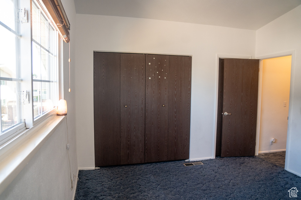 Unfurnished bedroom featuring carpet, multiple windows, a closet, and baseboards