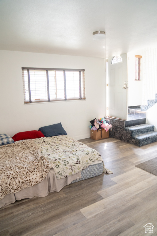 Bedroom with multiple windows and wood finished floors