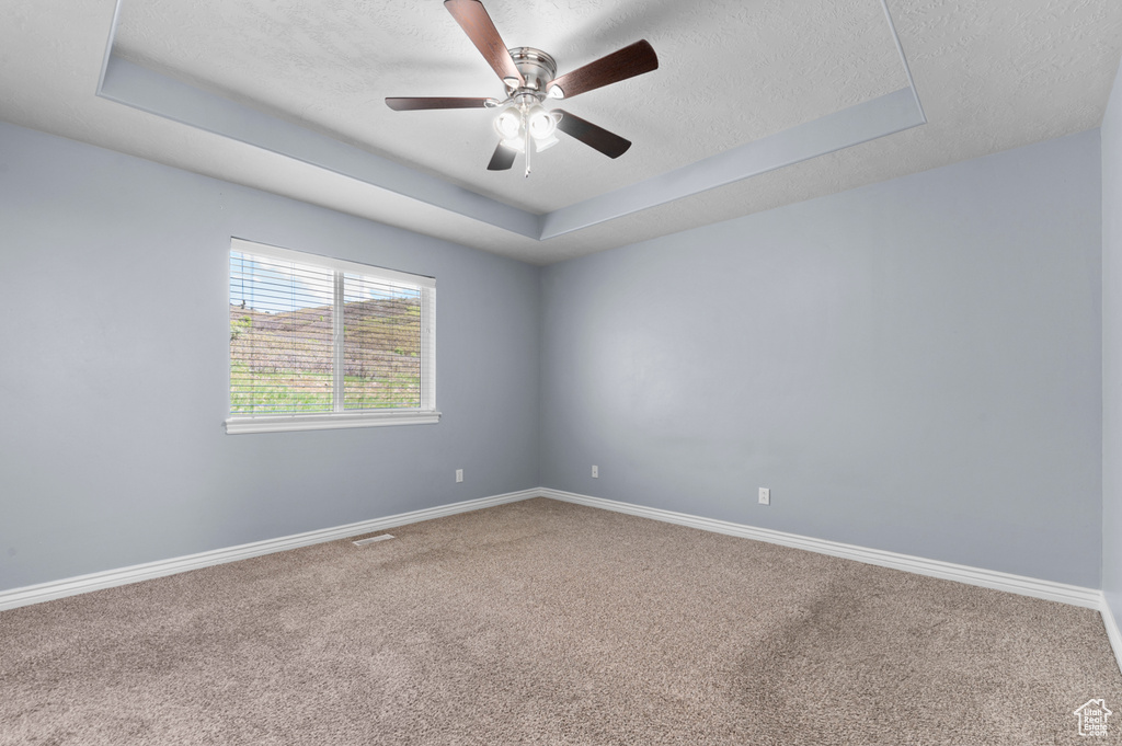 Spare room with a textured ceiling, carpet flooring, a raised ceiling, a ceiling fan, and baseboards