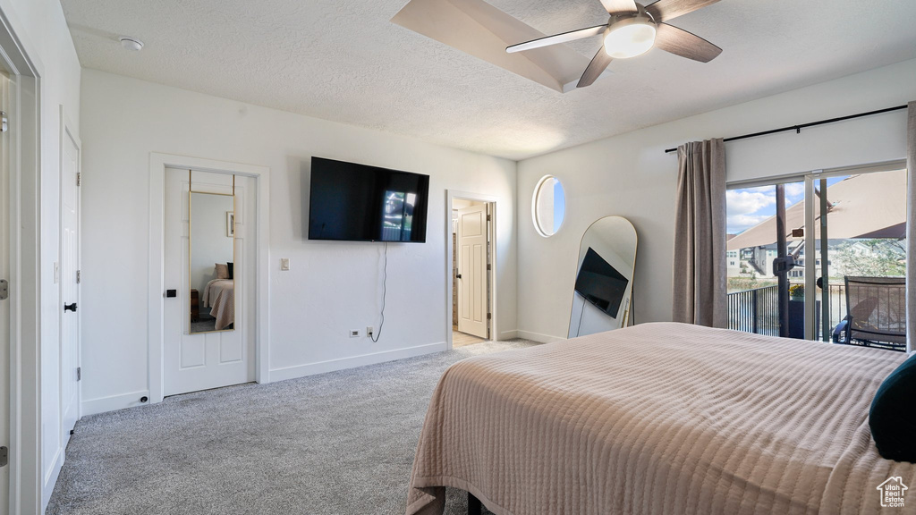Carpeted bedroom featuring baseboards, a textured ceiling, access to outside, and a ceiling fan