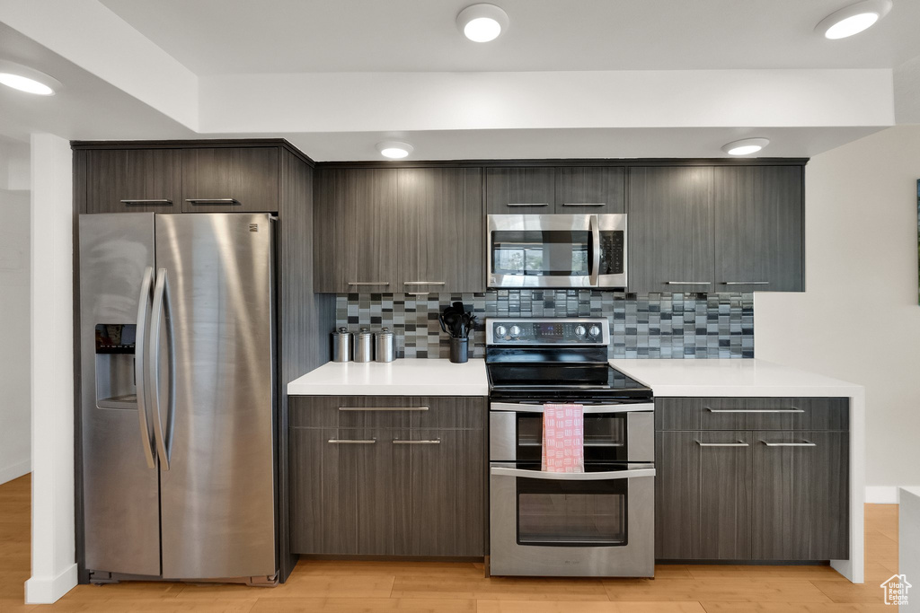 Kitchen featuring appliances with stainless steel finishes, light countertops, backsplash, light wood-style flooring, and modern cabinets