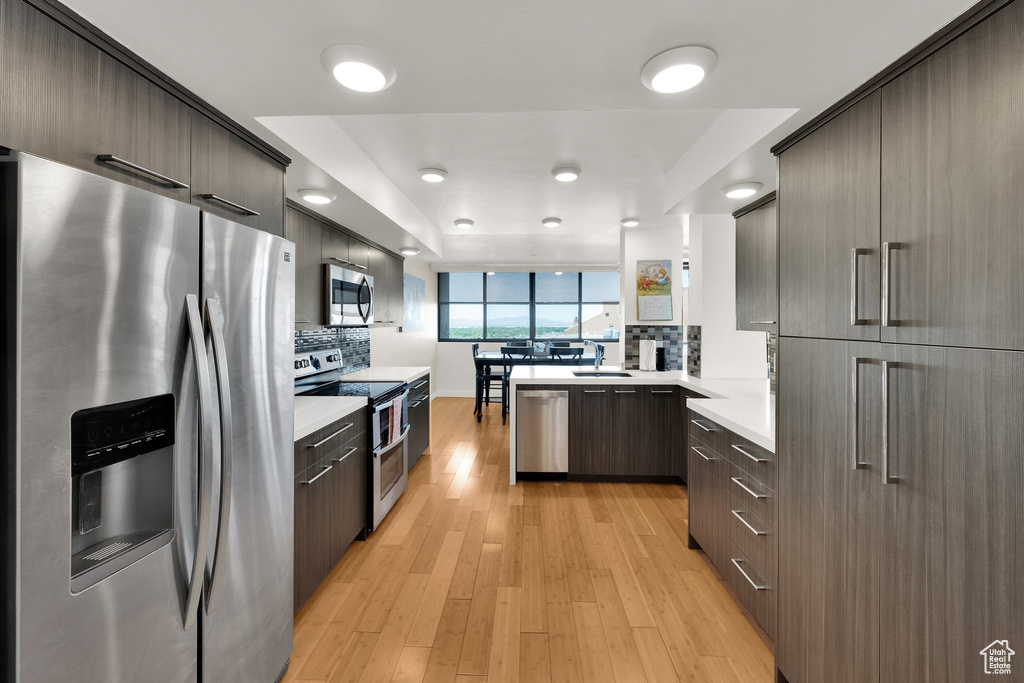 Kitchen with stainless steel appliances, modern cabinets, a peninsula, backsplash, and recessed lighting
