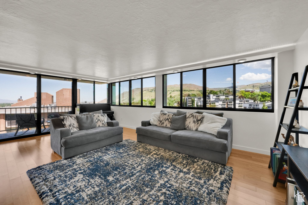 Living area featuring light wood finished floors, plenty of natural light, baseboards, and a textured ceiling