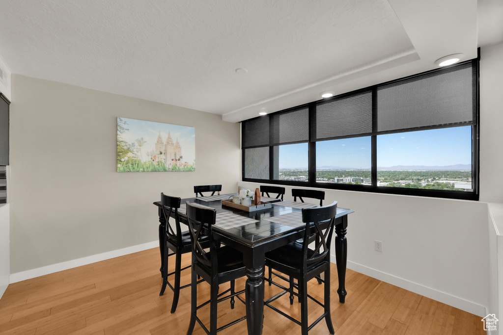 Dining space featuring light wood-type flooring, baseboards, and recessed lighting