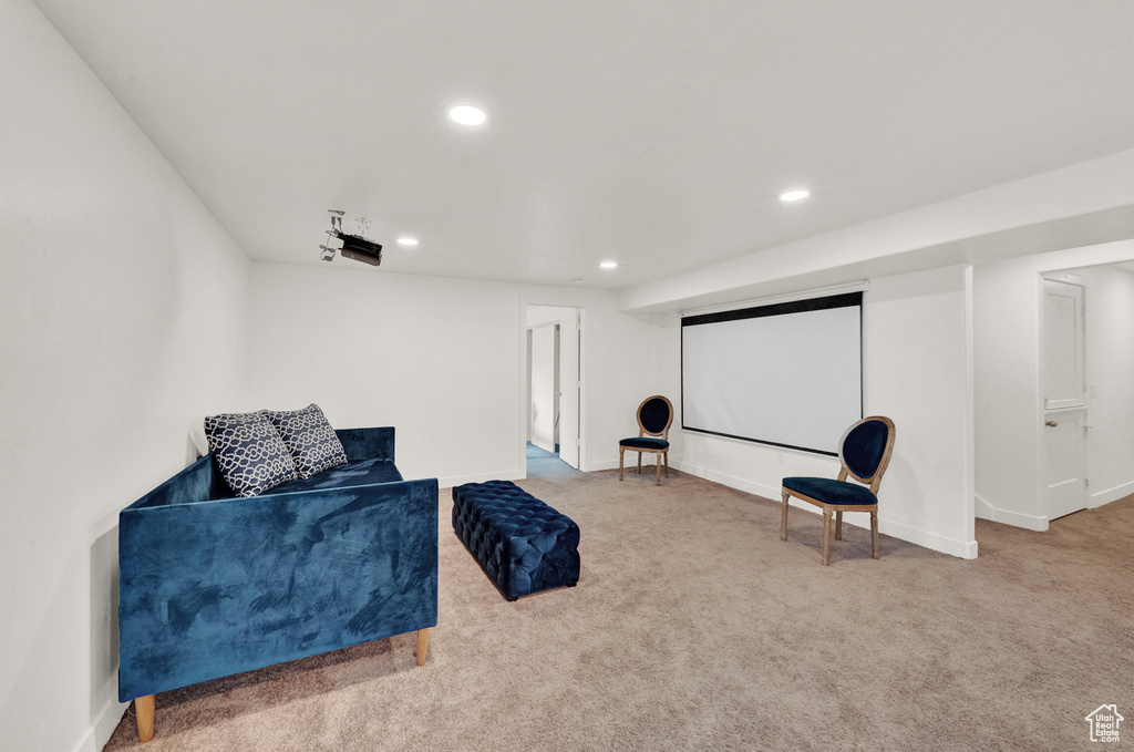 Home theater with recessed lighting, carpet floors, and baseboards