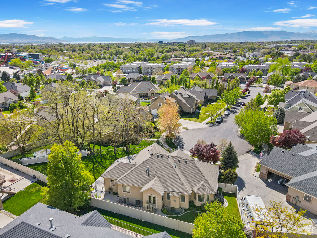Drone / aerial view with a residential view and a mountain view