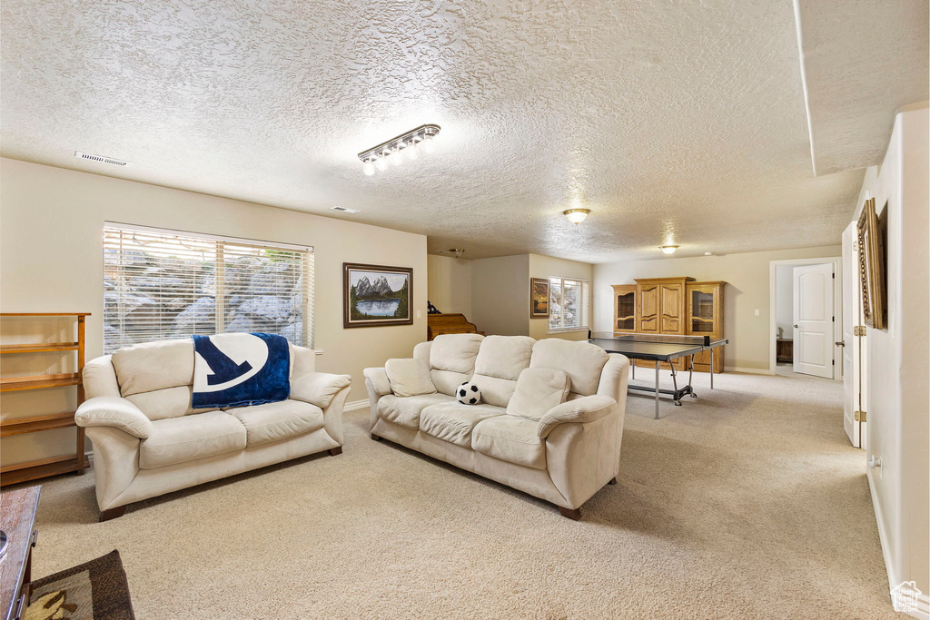 Living area featuring light colored carpet, a textured ceiling, baseboards, and visible vents