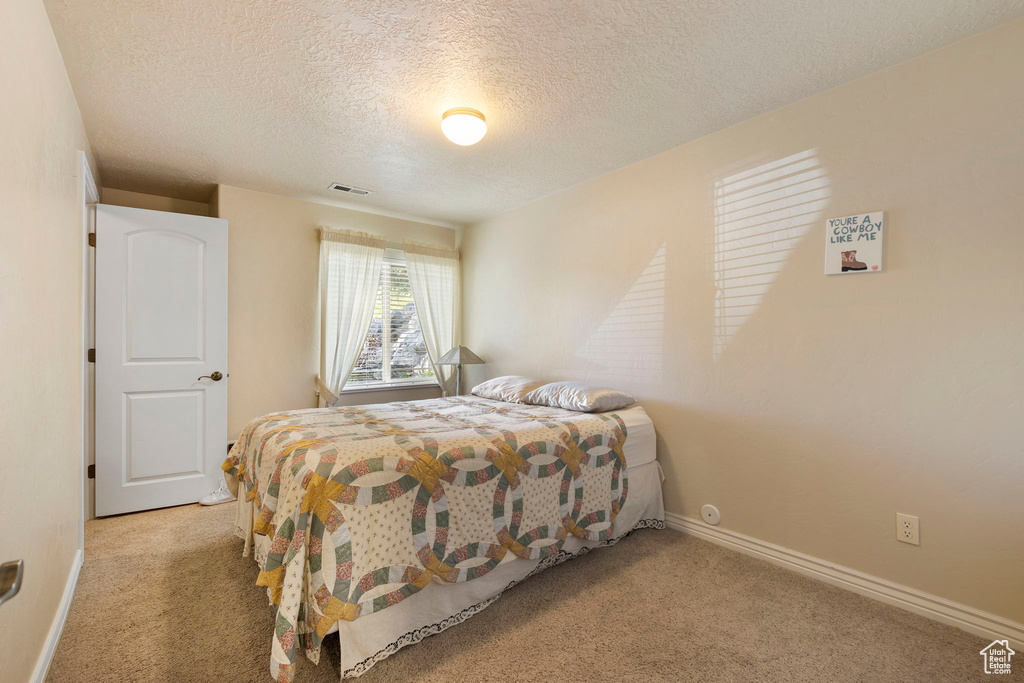 Carpeted bedroom with a textured ceiling, visible vents, and baseboards