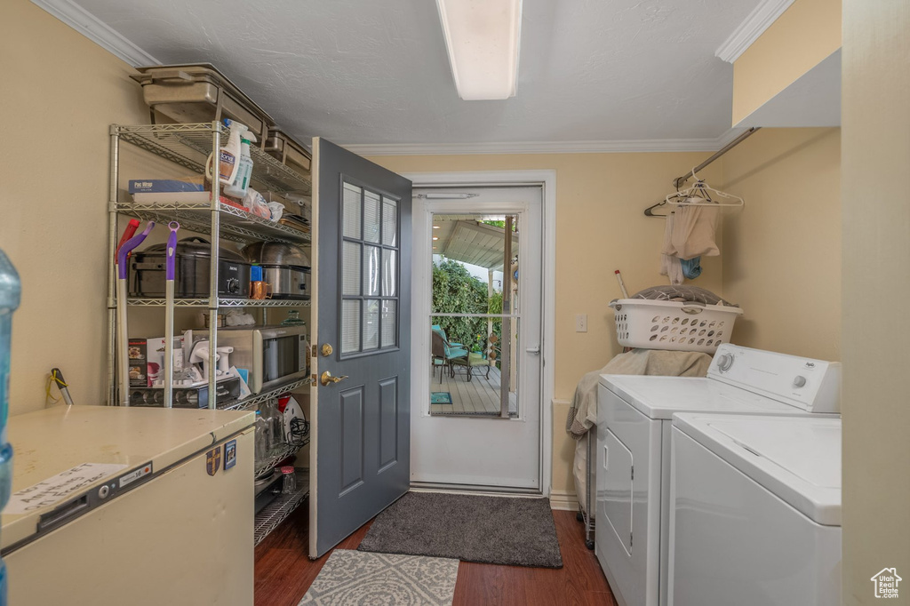 Laundry area featuring separate washer and dryer, dark wood-type flooring, ornamental molding, and baseboards