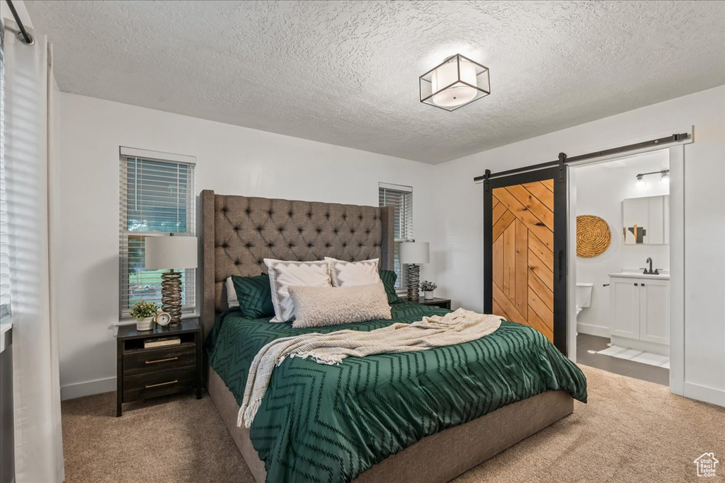 Bedroom with a barn door, carpet floors, a textured ceiling, ensuite bathroom, and a sink