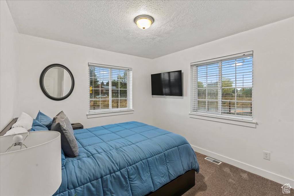 Bedroom featuring baseboards, a textured ceiling, and dark carpet