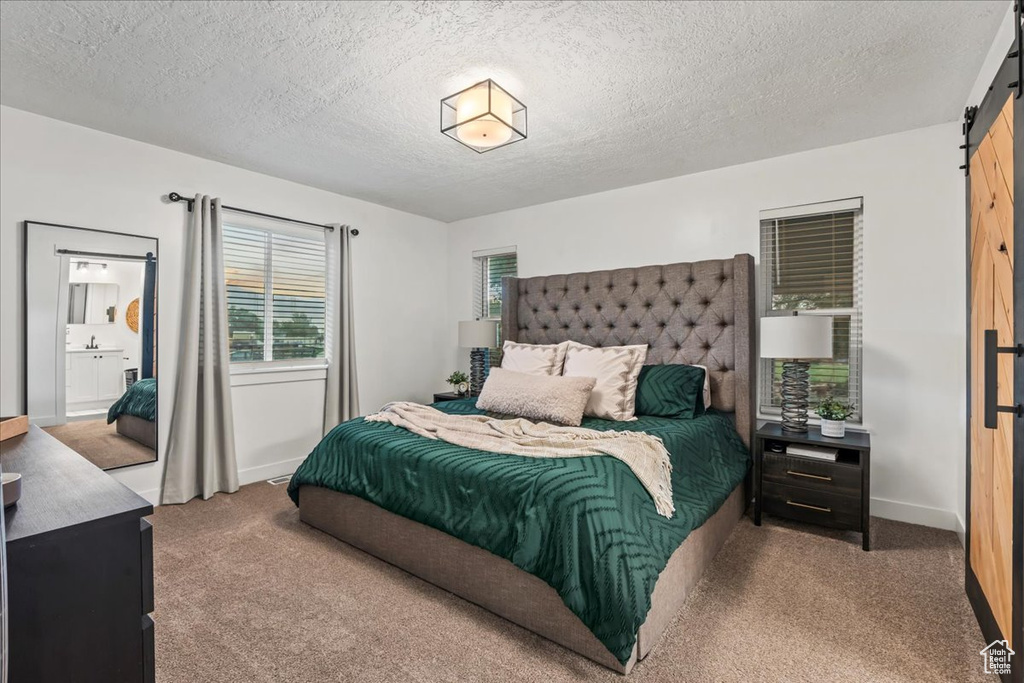 Carpeted bedroom featuring a barn door, a textured ceiling, and baseboards