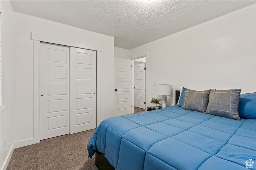 Bedroom featuring carpet floors, a textured ceiling, a closet, and baseboards