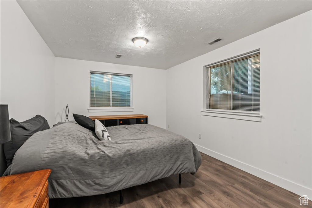 Bedroom with wood finished floors, baseboards, a textured ceiling, and multiple windows