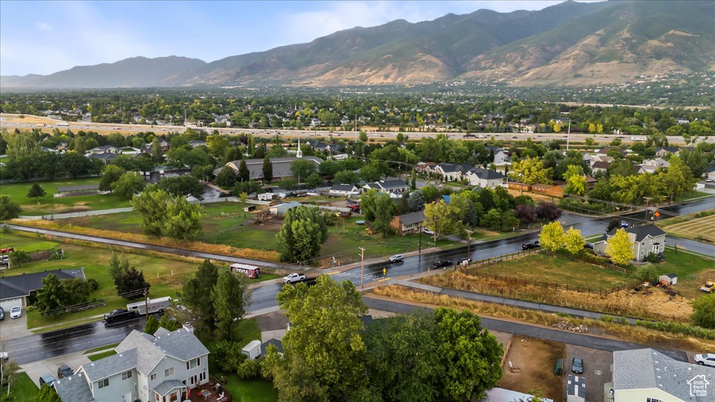 Aerial view of residential area with mountains