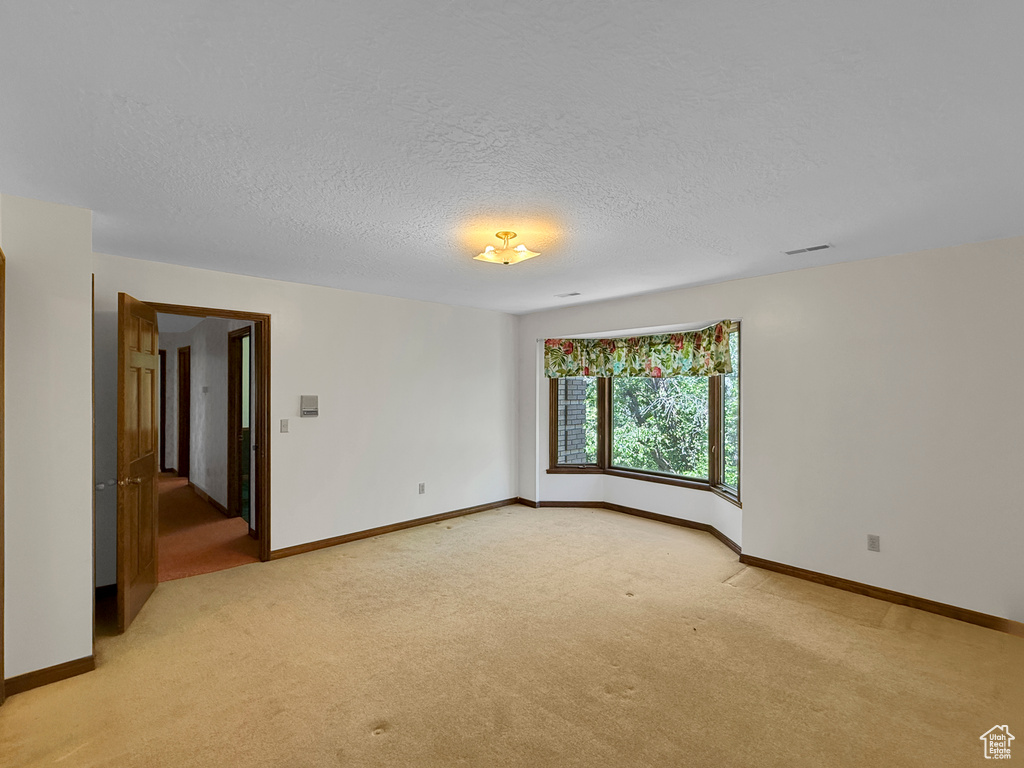 Unfurnished room featuring light carpet, a textured ceiling, and baseboards
