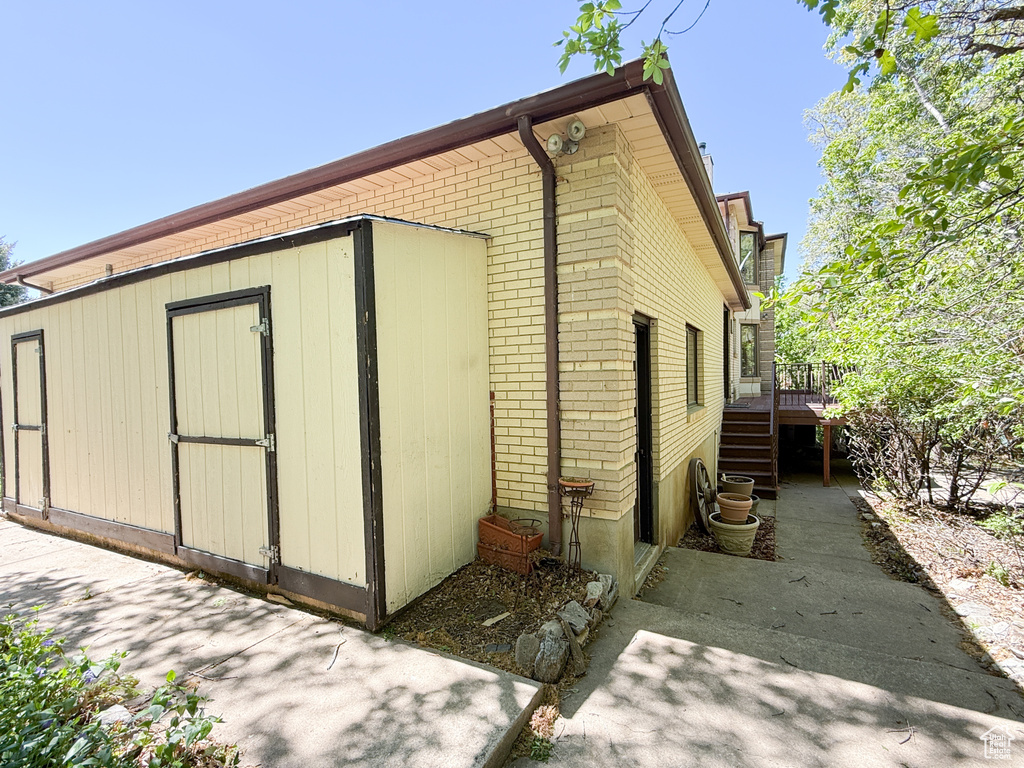 View of shed featuring stairs