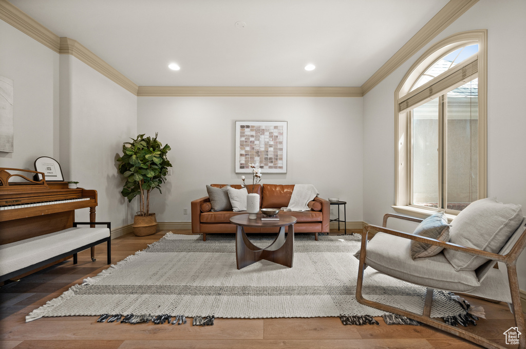 Living area featuring baseboards, ornamental molding, wood finished floors, and recessed lighting