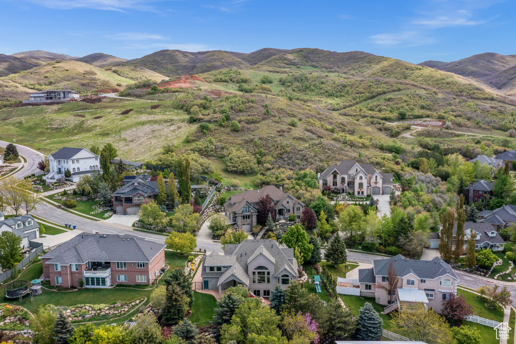Aerial perspective of suburban area with a mountain backdrop