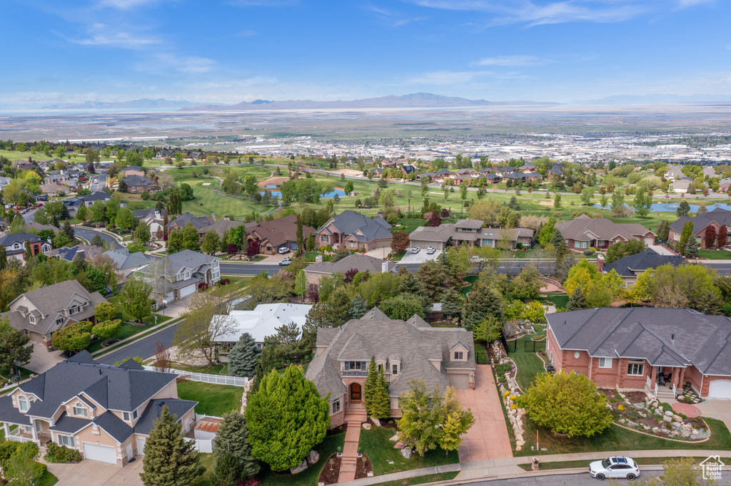 Aerial view of residential area with a water and mountain view