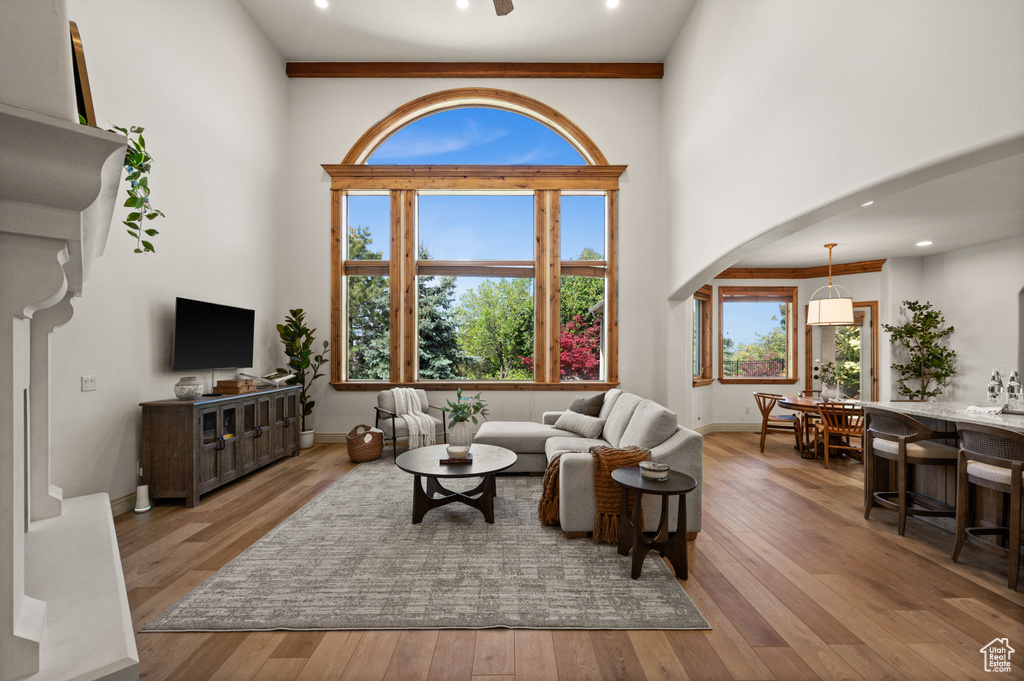 Living room featuring arched walkways, hardwood / wood-style floors, baseboards, and a high ceiling