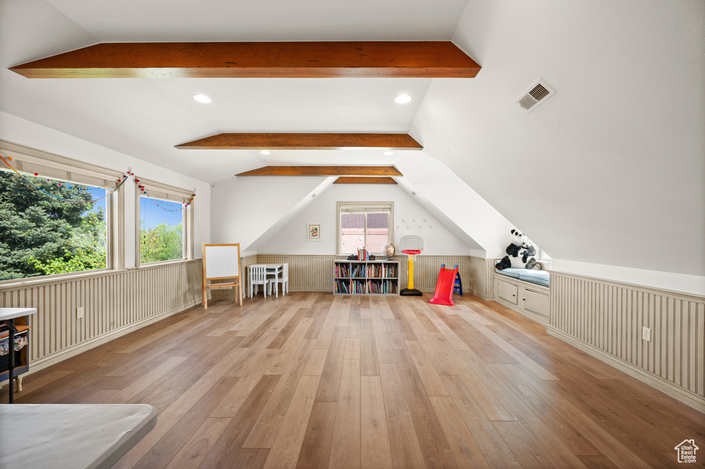 Playroom featuring wood-type flooring and recessed lighting