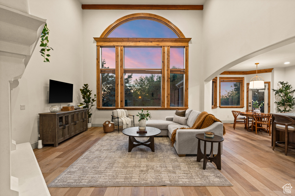 Living room with arched walkways, wood-type flooring, and a towering ceiling
