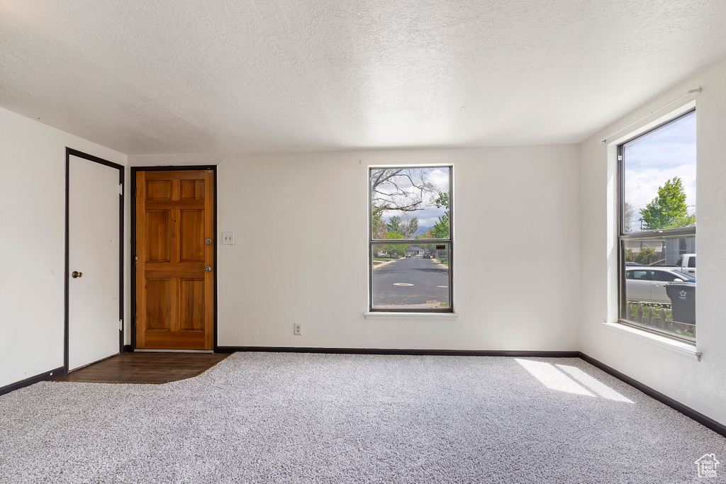 Spare room with carpet flooring, healthy amount of natural light, a textured ceiling, and baseboards