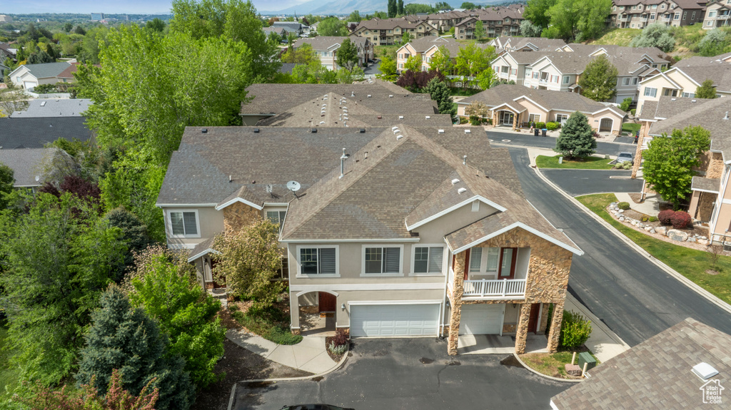 Aerial perspective of suburban area with mountains