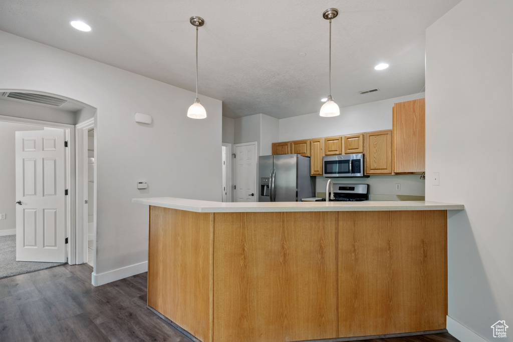 Kitchen featuring stainless steel appliances, baseboards, arched walkways, dark wood-style flooring, and recessed lighting