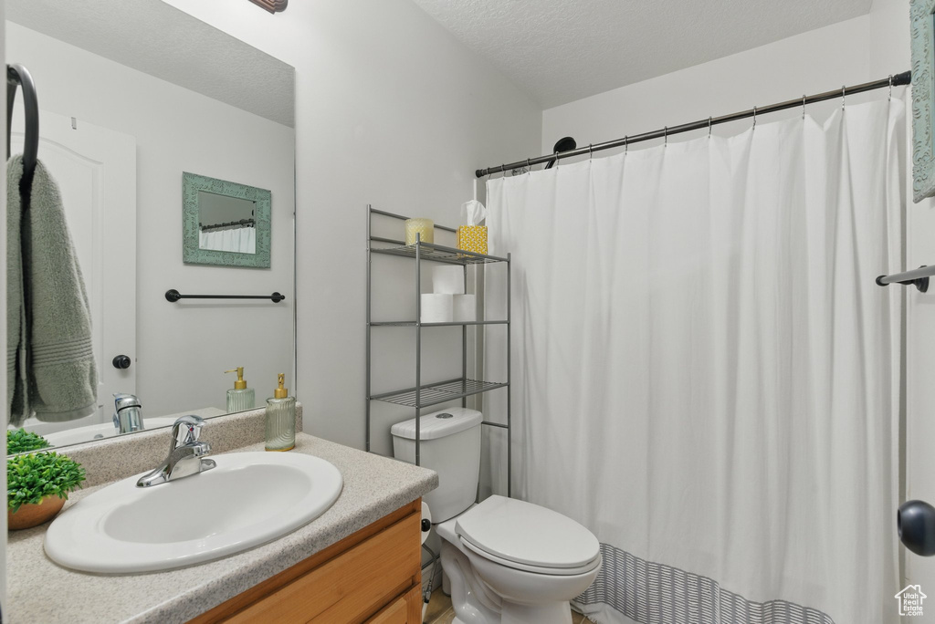Bathroom featuring toilet, vanity, and a shower with curtain