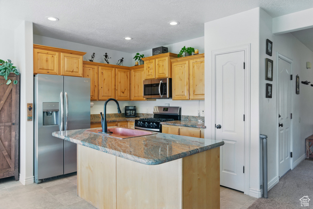Kitchen with appliances with stainless steel finishes, a sink, dark stone counters, an island with sink, and recessed lighting