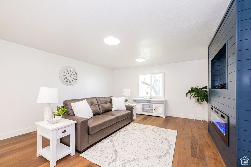 Living room featuring a large fireplace, baseboards, and wood finished floors