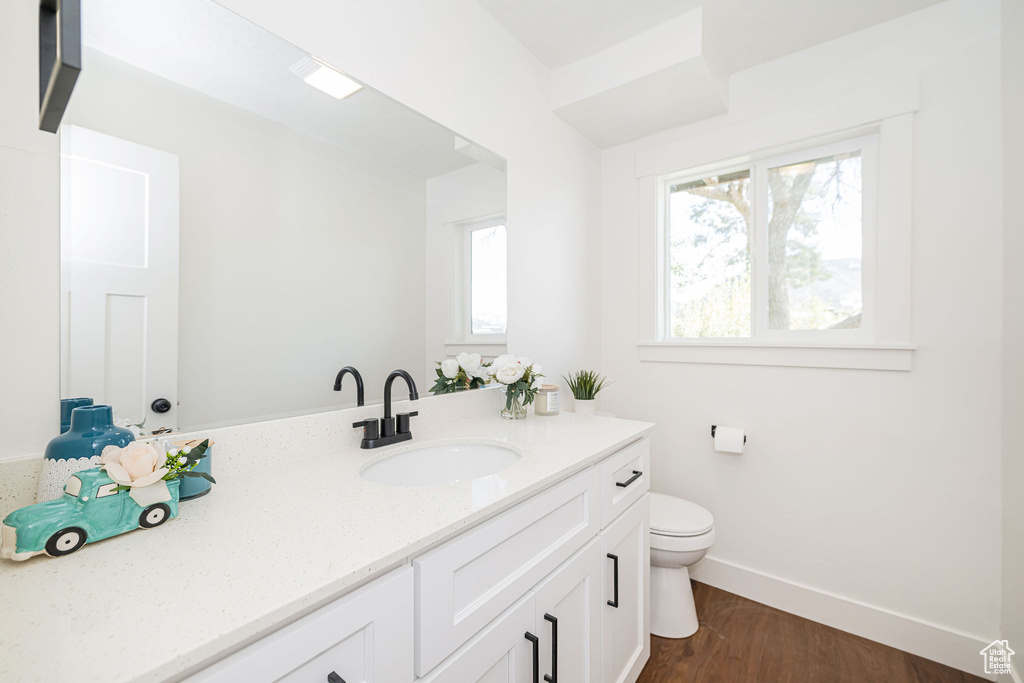 Bathroom with baseboards, vanity, toilet, and wood finished floors
