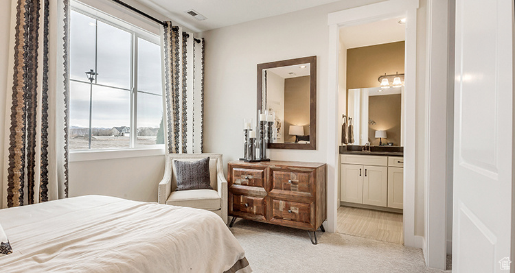 Bedroom featuring light colored carpet, ensuite bath, and a sink