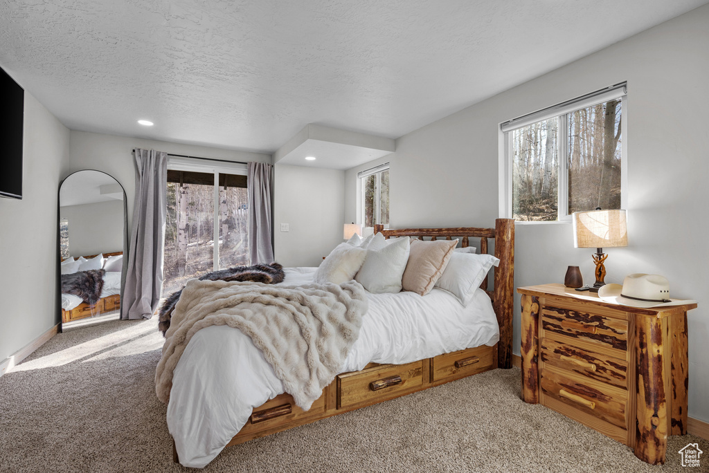 Bedroom with light carpet, multiple windows, and recessed lighting