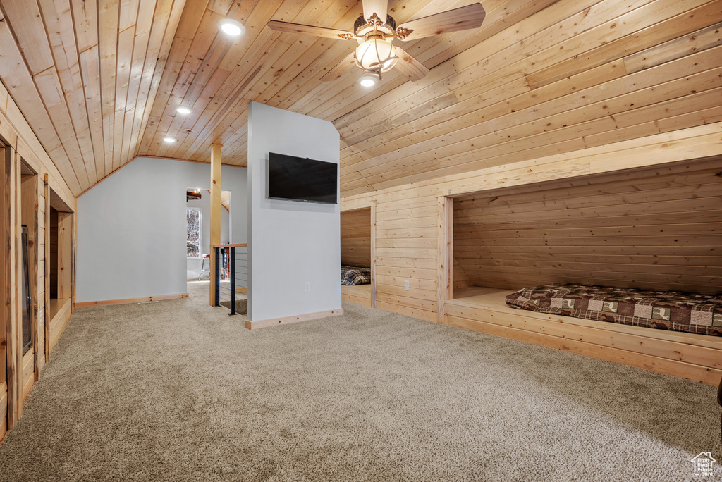 Bonus room with lofted ceiling, carpet, recessed lighting, wooden ceiling, and a ceiling fan